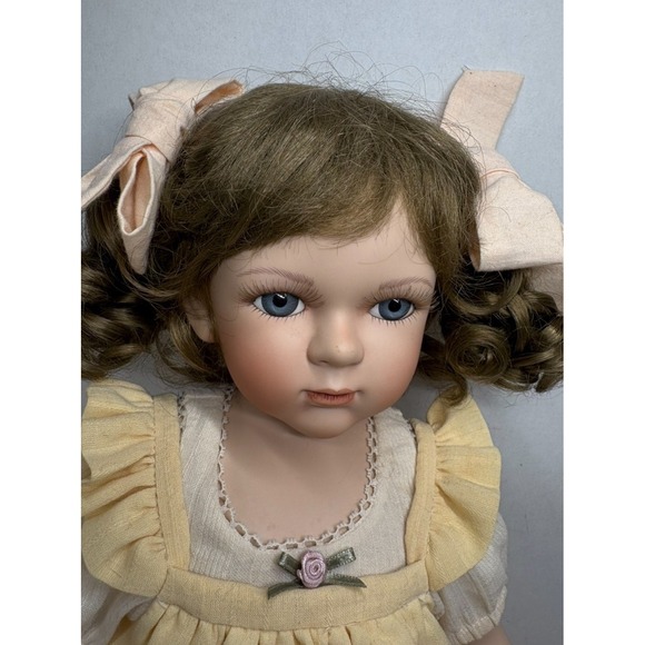 Geppeddo Other - Geppeddo Porcelain Collector Doll 20" Yellow Dress Bloomers Blue Eyes Brown Hair